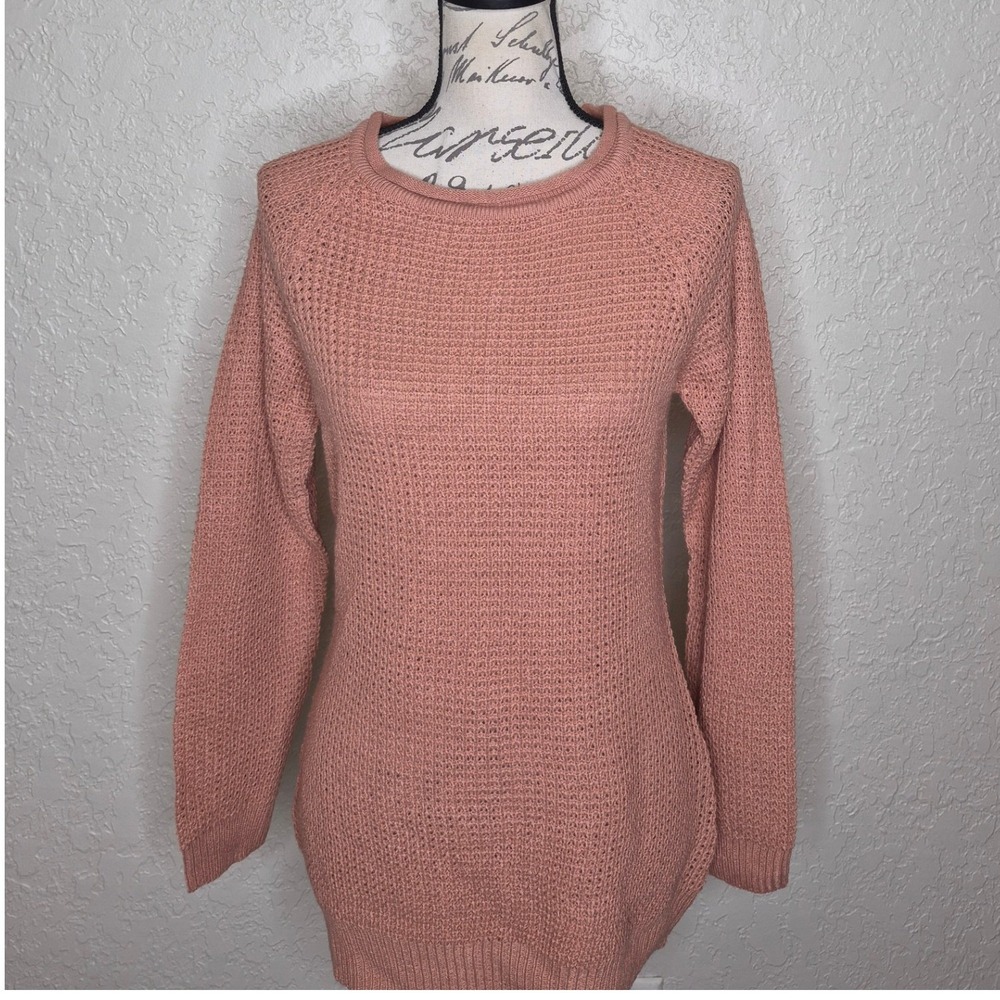 Ambiance Apparel Mauve Pink Waffle Knit Crew Neck Raglan Sweater Top Medium NWT